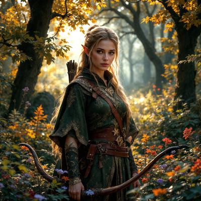 The primary subject of the image is a woman dressed in a green outfit, holding a bow and arrow. She is standing in a forest, surrounded by trees and flowers. The setting is a natural environment with a serene atmosphere. The visual style of the image is a photo, capturing the woman in her outdoor setting. The colors and mood of the image are predominantly green and natural, with the woman's outfit and the forest's foliage creating a harmonious and peaceful scene.